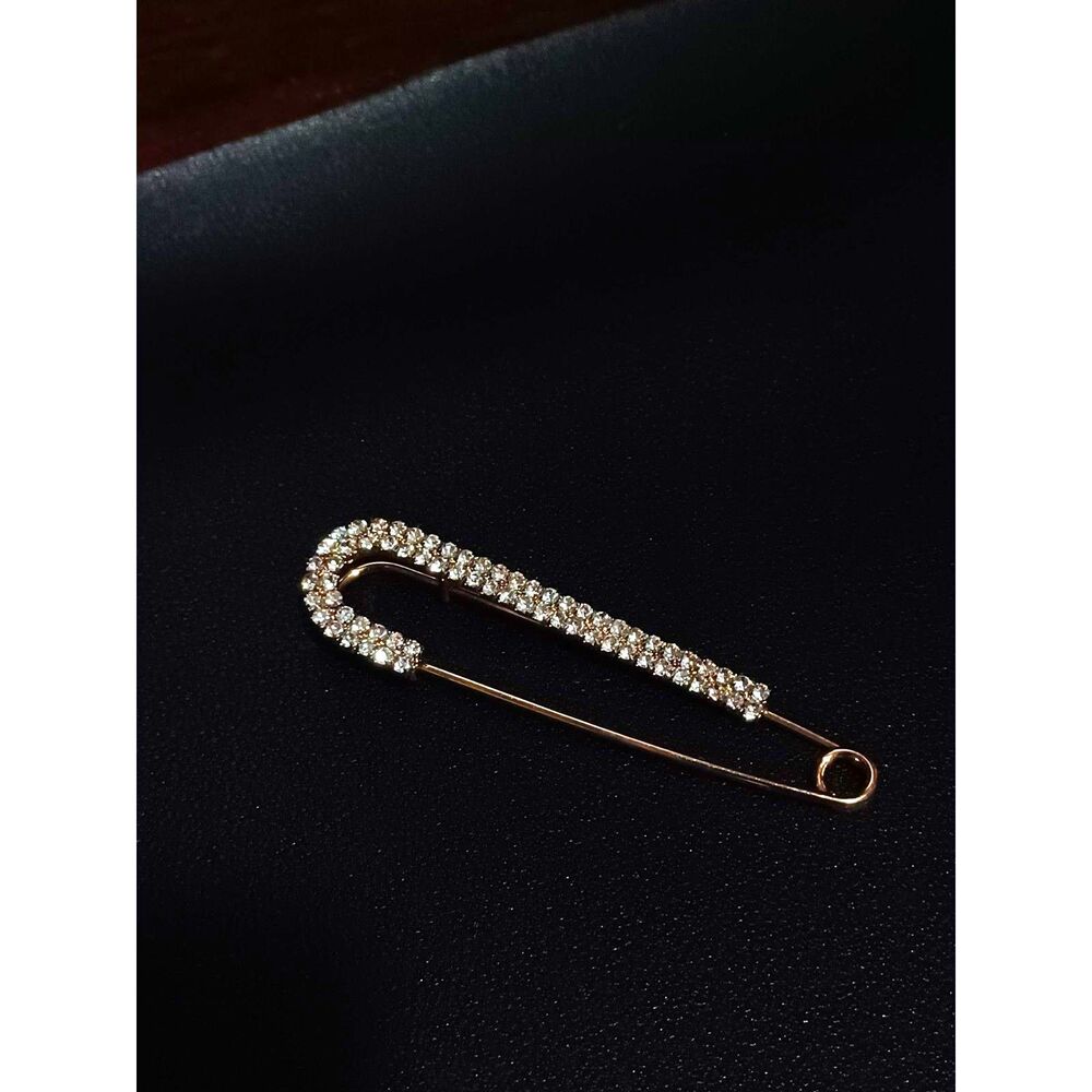 Gold-Tone Oversized Safety Pin Brooch w/ Rhinestone Accents